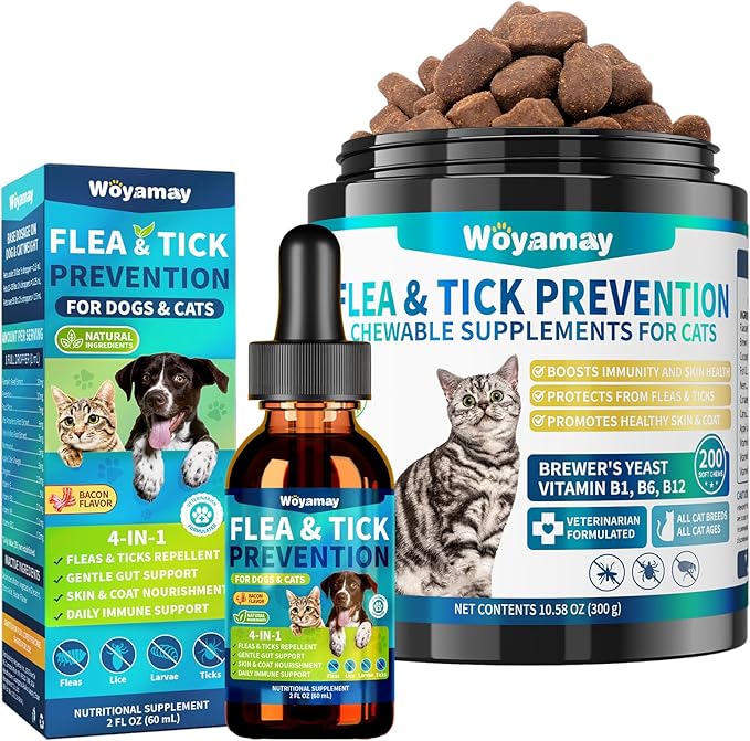 Natural Flea & Tick Prevention Bundle for Cats & Dogs, 200 Chews + Drops 4-in-1 Herbal Drops, Supports Skin, Coat, Digestion & Immunity, Gentle Daily Flea Treatment for Multi-Pet Homes