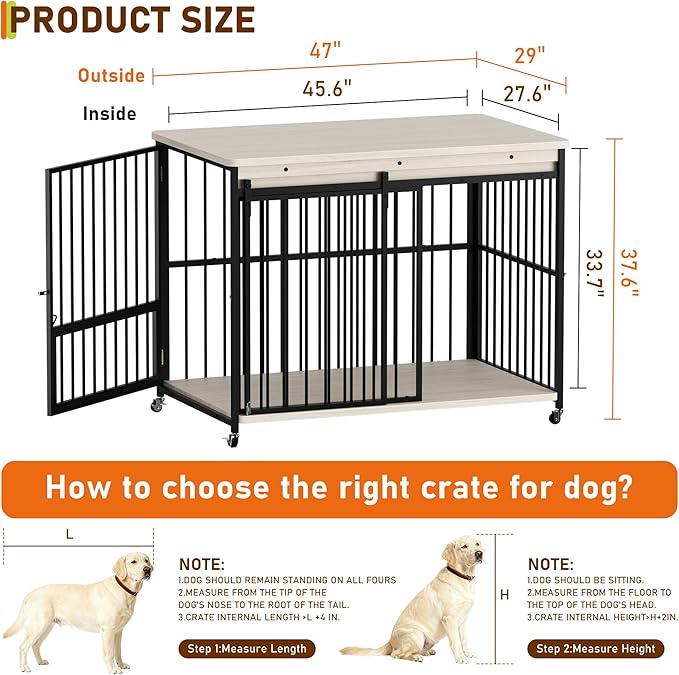 Dog Crate Furniture, 47’’ Wooden Dog Kennel Indoor with Sliding Front Door, Multi-Side Openings & Feeding Window Pet Cage House as TV Stand, End Table(Beige)