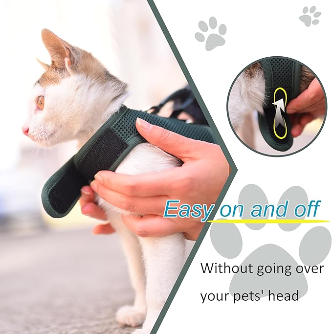 Kitty Harness and Leash for Walking Escape Proof Breathable Mesh Fabric, Solid Green, Small, Adjustable Cat Walking Jackets with Handle, Padded Stylish Cat Vest