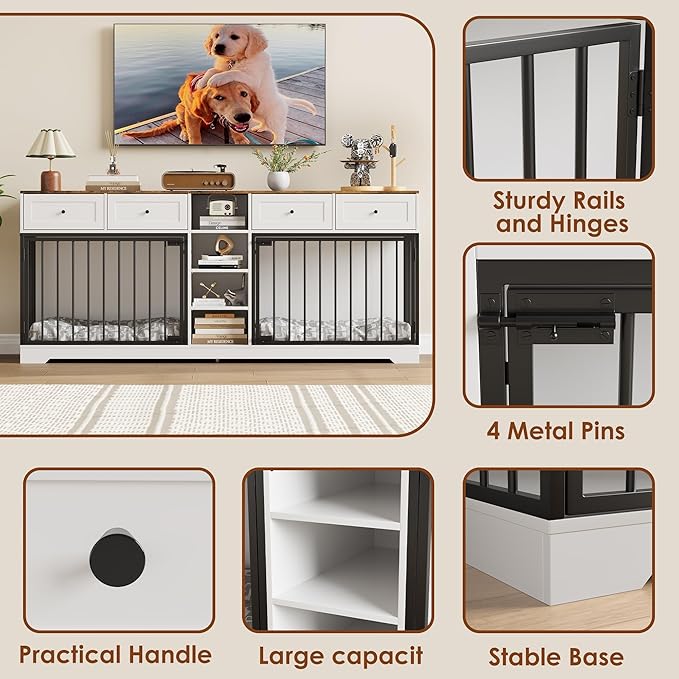 GAOMON Dog Crate Furniture for 2 Dogs, 82'' Large Dog Kennel Indoor with 4 Storage Drawers and 4 Shelves, Double Dog Crate TV Stand for Medium and Large Dogs, White