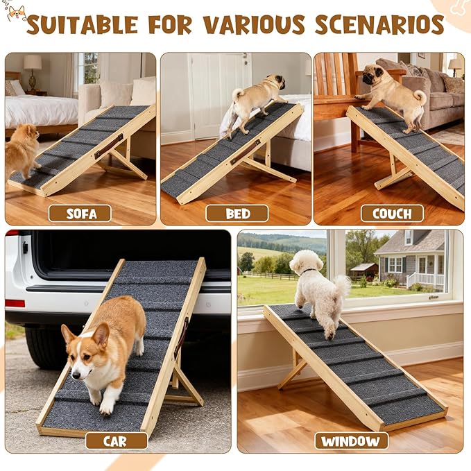 Upgraded Dog Ramp for Couch, Foldable Small Dog Pet Ramp for Low Bed, 5 Adjustable Height from 12'' to 20" Dog Stairs with Non-Slip Pad, 13.8" Wide Wooden Pet Steps for Dogs to Get on Bed Couch Car