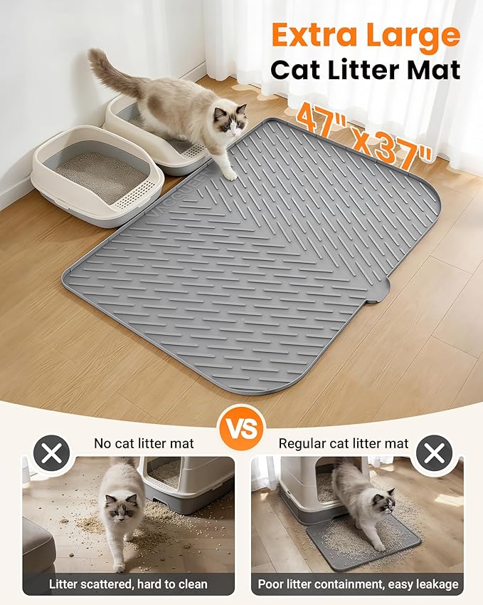 Cat Litter Box Mat, 47" x 37" Extra Large Cat Litter Mat, Silicone Waterproof Litter Trapping Mat for Scatter Control Soft on Kitty Paws Non-Slip Easy to Clean（Grey)