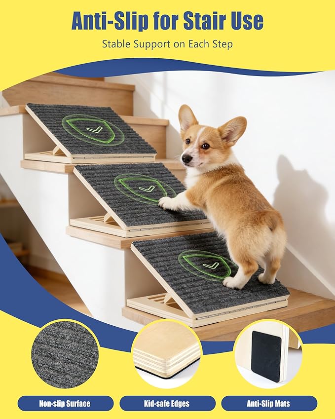 Wooden Dog Ramp for Stairs, 3 Pack Foldable Anti-Slip Pet Steps for Small Dogs, Low-Angle Stair Ramp for Senior, Short-Legged, Injured & Recovery Pets