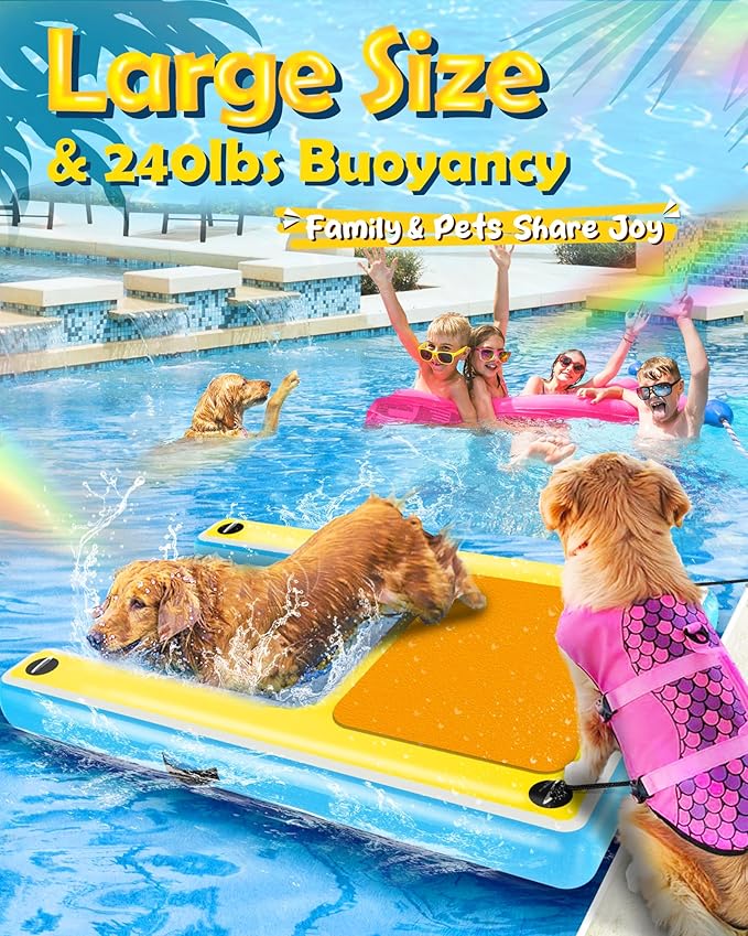 Inflatable Dog Pool Water Ramp – 60"x40" Extra Large Boat Ramp for Dogs Up to 240 lbs, Non-Slip EVA Foam Inflatable Dock Floating Platform, Pool Floats Platform for Lakes, Boats& Oceans