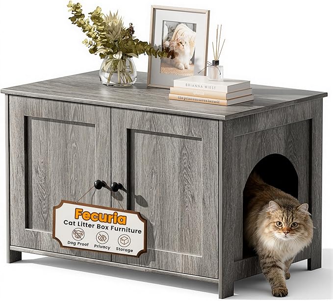 Cat Litter Box Enclosure Furniture Dog Proof, Hidden Kitty Washroom Low Entry, Wooden Cat Boxes Enclosure Odor Control for Home, Farmhouse Style Decorative Cabinet with Storage,Oak Grey