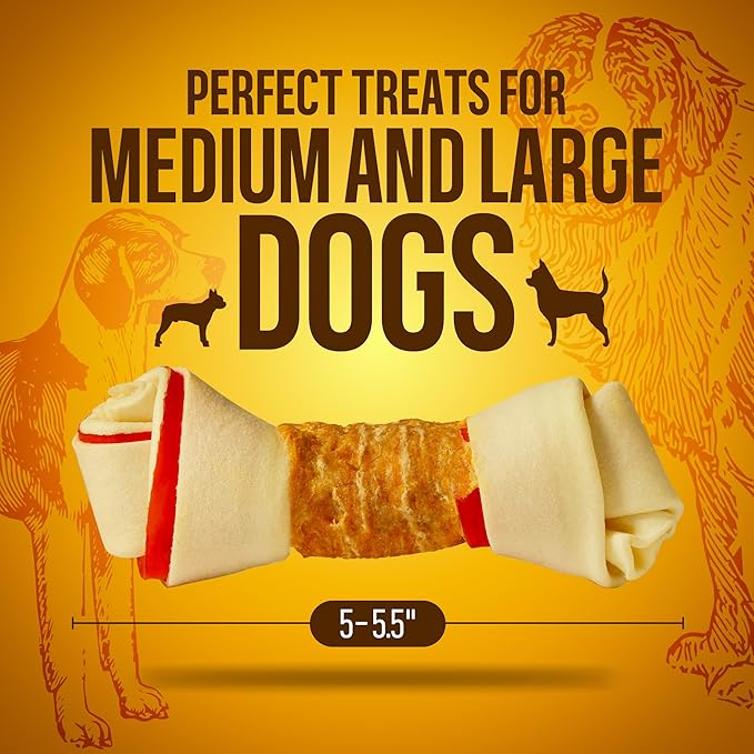 PETPHABET Chicken Wrapped Rawhide Dog Bones, 5-5.5 Inch Long Lasting Dog Chew Treats for Medium & Large Dogs, 5 Count Beefhide Dog Snacks for Training Healthy Chewing, Knotted Dog Bones High Protein