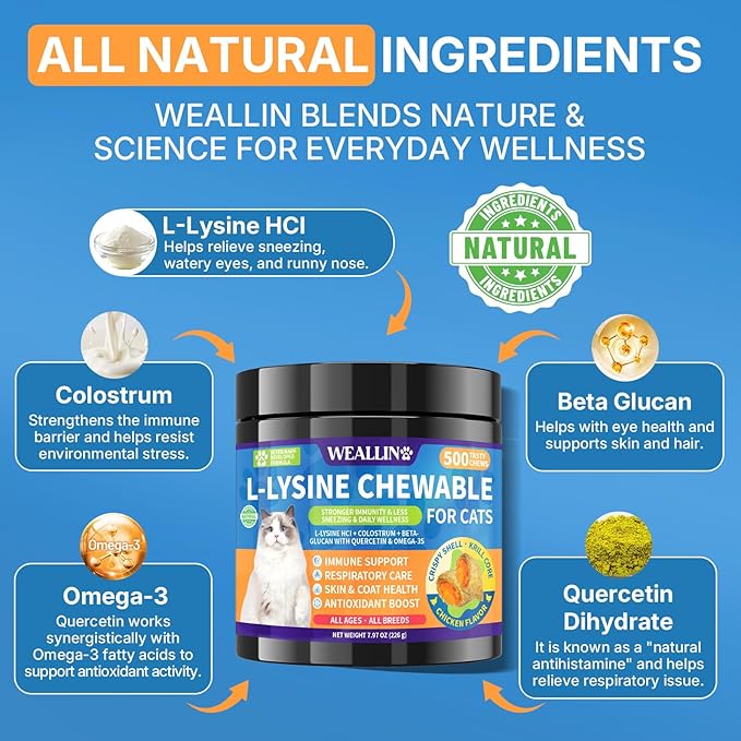 L-Lysine Chews for Cats 500 Chews, Immune & Respiratory Support Crunchy Shell with Krill Core, with Colostrum & Omega-3s for Sneezing and Runny Nose, Chicken Flavor, for All Ages & Breeds Cats