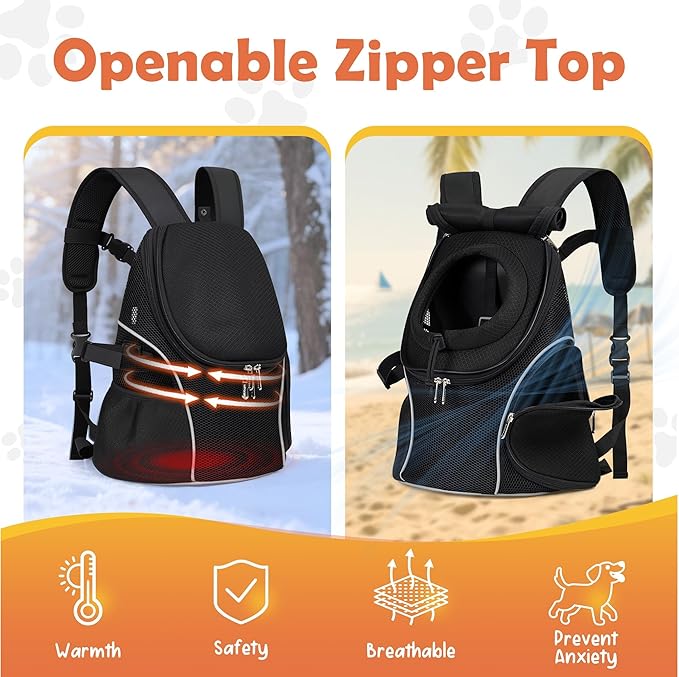 WOYYHO Pet Dog Carrier Backpack with Top and Side Windows, Small Dog Front Backpack Ventilated Mesh Dog Back Pack with Safety Belt for Travel Hiking Outdoor Adventures (Size L: 10-14 lbs, Black 2.0)