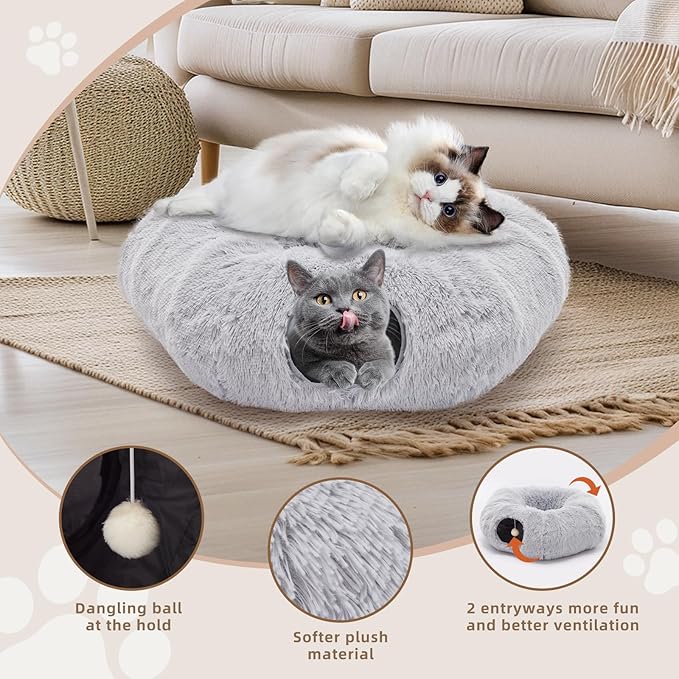 Cat Tunnels for Indoor Cats, Cute Donut Turnel Toys for Small Large Cats with Washable Circle Cushion，3-in-1 Foldable Playground & Cozy Cave Bed for, Kittens Puppy Rabbits