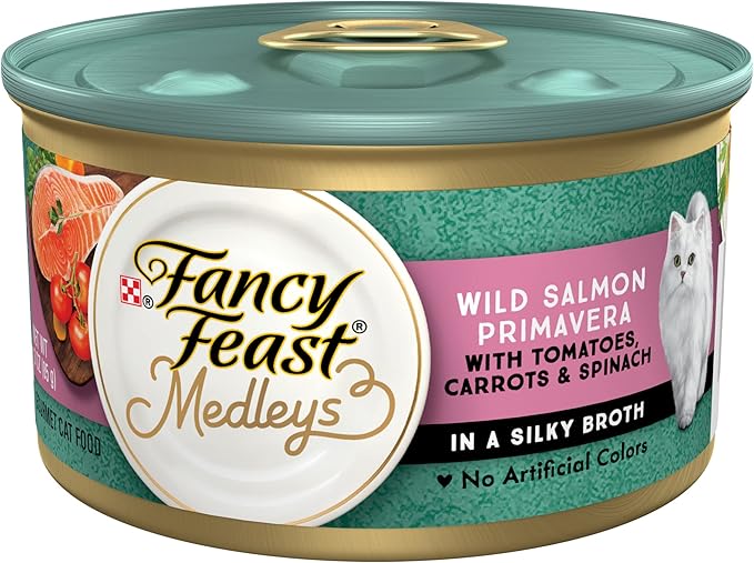 Purina Fancy Feast Wet Cat Food Medleys Wild Salmon Primavera With Tomatoes Carrots and Spinach in Silky Broth - (Pack of 24) 3 oz. Cans