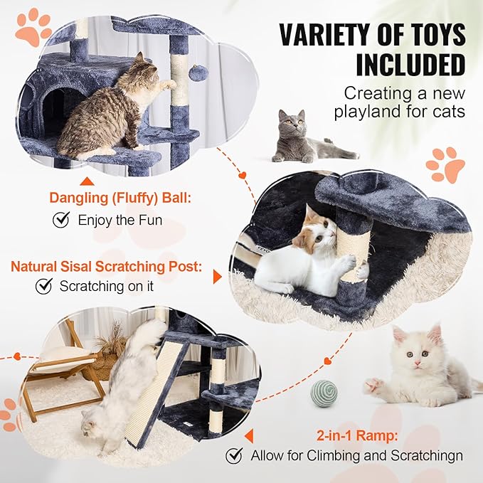 VEVOR Cat Tree for Indoor Cats, 68.5" Cat Tower with 2 Cat Condos, Sisal Scratching Post, Hammocks, Top Perches, Jumping Platforms and Ramp, Cat Furniture Activity Center with Hang Balls, Dark Grey