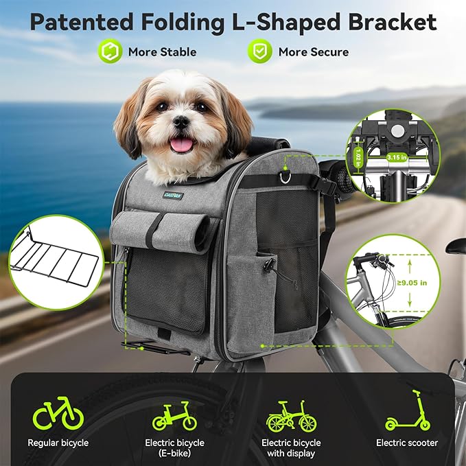 Dog Bike Front Basket, 4 in 1 Foldable Pet Backpack/Shoulder Bag/Auto Seat with Heavy-Duty L-Shaped Mount Φ3.15 in, Waterproof Cushion & Reflective Strips, Supports Up to 22lbs