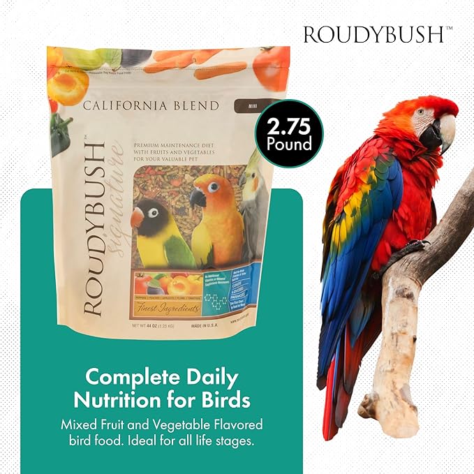 RoudyBush California Blend Pellets for Birds - Scientifically Formulated Bird Feed - Bird Food Pellets w/Dried Fruits, Vegetables & More - Nutritious & Healthy Feed for Birds (Mini, 44oz)