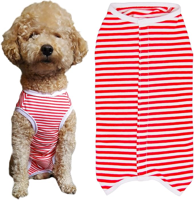 Dog’s Recovery Suit Post Surgery Shirt for Puppy, Wound Protective Clothes for Little Animals(red White Stripe-m)
