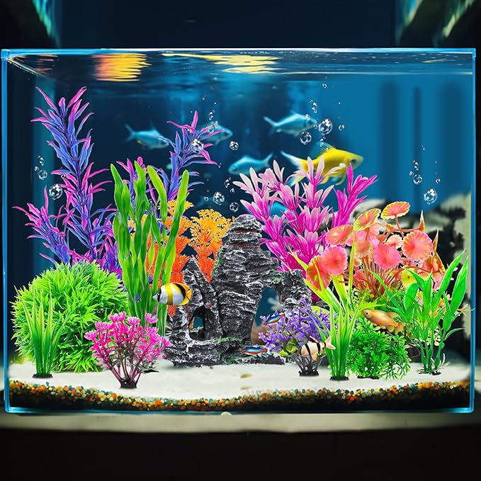 CousDUoBe 13Pcs Aquarium Plants Cave Rock Decor Set& Fish Tank Artificial PlasticPlants,Fish Tank Accessories Small Large Aquarium Decorations Kit