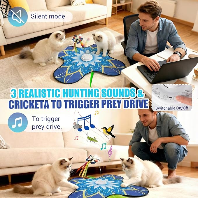 Interactive Cat Toy for Indoor Cats, Touch Activated Automatic Electronic Cat Toy with Sound On/Off, Dual Wands, Non-Slip Suction Cups, Rechargeable Hide and Seek Cat Play Mat for Bored Adult Kittens