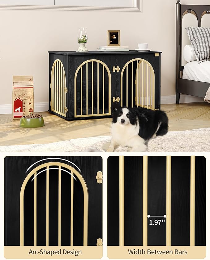 39.4" Wooden Dog Crate Furniture, Indoor Dog Kennel Dogs Cage for Small/Medium/Large Dogs, Heavy Duty Dog Crates Decorative Pet House End Side Table TV Stand, Black Gold DFC84104A