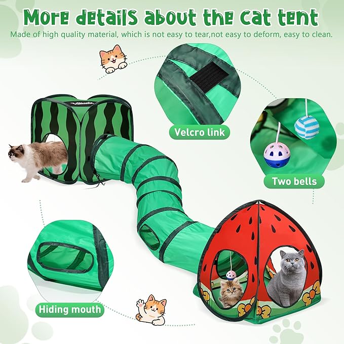 3-in-1 Watermelon Cat Play Tunnel with Pop-Up Cube & Triangle Cat Tent, Interactive Toy Ball & Foldable Design - Easy Magic Tape Assembly Tunnels for Indoor Cats
