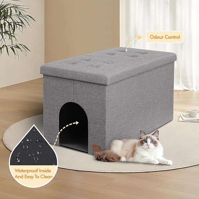 Cat Litter Box Enclosure Furniture for Odor Control, Hidden Cabinet Cats Litter Ottoman with Flip-Up Lid,Cat Litter Box Bench with Storage Space, Dog Proof (Light Grey, X-Large)