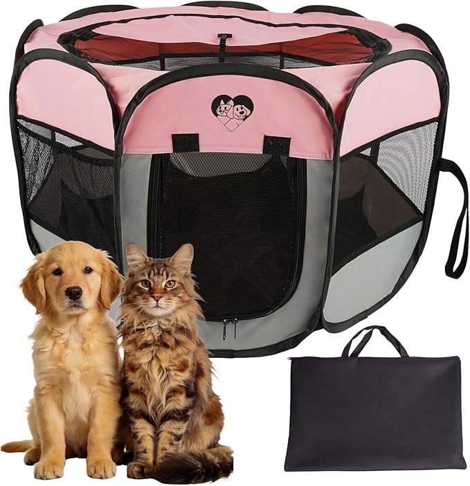 Dog Cat Playpen，Pet Cage - Indoor Outdoor, Portable Foldable Pop Up, Removable Zipper Top，Fits Dogs, Cats, Rabbits(Pink,S)