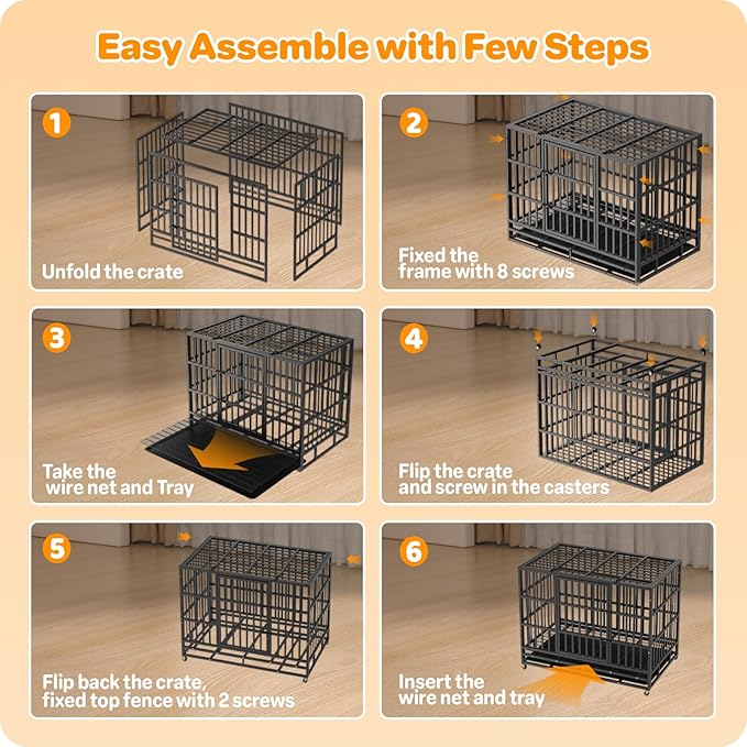 38 Inch Heavy Duty Dog Crate, Indestructible Escape-Proof Dog Kennel for High Anxiety Large Dogs, Strong Metal Pet Cage with Double Doors, Lockable Wheels & Removable Tray, XL XXL XXXL