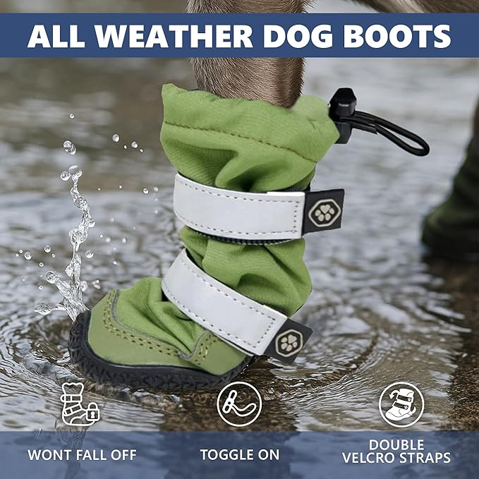 Spark Paws Dog Shoes, Waterproof Dog Boots for Medium to Large Dogs, Non Slip, Breathable Dog Booties and Paw Protectors - 4PCS Doggie Hiking Boots with Reflective Straps - Green - Size 2