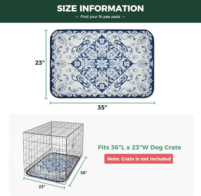 FXW Washable Pee Pads for Dogs, Puppy Pads with Super Absorbent, Specifically Designed for 36inch Cages, 23" x 35" Rectangle, Mandala Blue, 2 Packs
