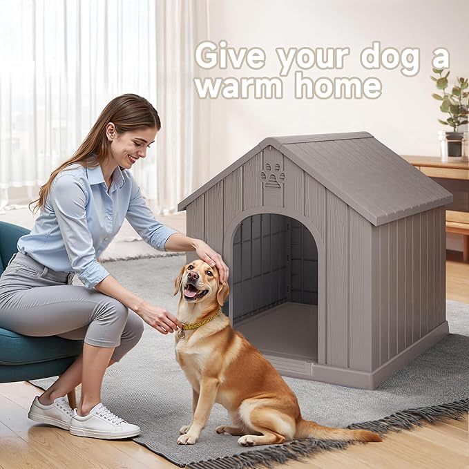 DRATO Large Dog House Indoor Outdoor Waterproof,Puppy Shelter with Air Vents and Elevated Floor,Sturdy Dog Kennel for Small to Large Sized Dogs, Easy to Assemble (Grey, 38.62×36.26×38.07 Inches)