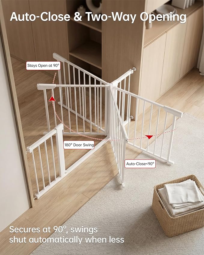 Baby Gate for Stairs, 29.92-48” Wide Pressure Mounted Baby Gate No Drill Needed, Auto Close Dog Gate for Doorways, Easy Walk Through Safety Child Gates for Toddler & Pet/Puppy, Indoor, White
