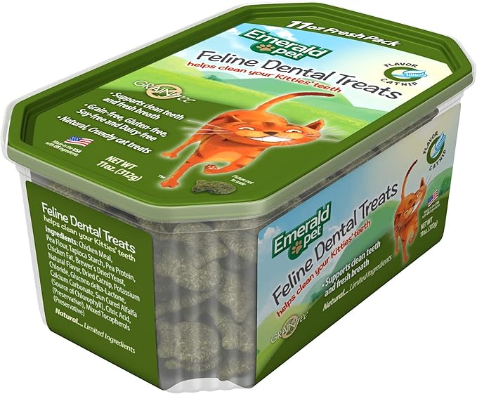 Emerald Pet Grain-Free Cat Dental Treats with Catnip – Crunchy Natural Dental Treats for Cats to Clean Teeth, Freshen Breath, and Reduce Plaque & Tartar – 11 oz Tub