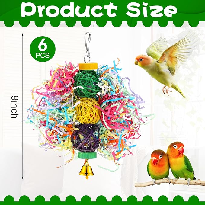 6 Pcs Bird Toy Parrot Chew Toy for Large Birds Rattan Ball Crinkle Paper Bird Shredding Toys Parrots Cage Accessories with Bell for African g Parrots Cockatoos Macaws Small Medium Parrot