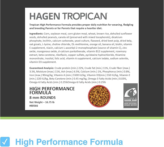 Hari Tropican Bird Food, Hagen Parrot Food Spheres with Peanuts & Sunflower Seeds, High Performance Formula, 8mm, 16.5 lb Bag