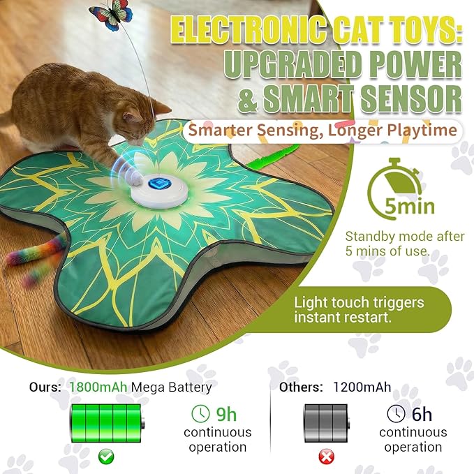 Interactive Cat Toy for Indoor Cats, Touch Activated Automatic Electronic Cat Toy with Sound On/Off, Dual Wands, Non-Slip Suction Cups, Rechargeable Hide and Seek Cat Play Mat for Bored Adult Kittens