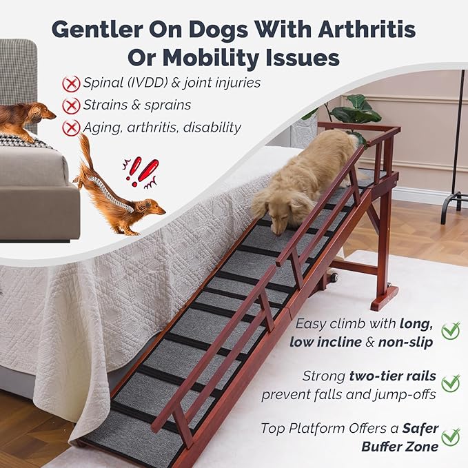 Dog Ramp for Bed or Couch, Wooden Pet Ramp with 20° Gentle Slope, Removable Side Rails, Non-Slip Surface, Top Platform & Wheels, Safe Bed Ramp for Small, Large & Senior Dogs, 74" Long, Mahogany