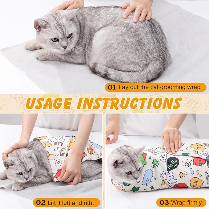 27.6In Self-Adhesive Cat Grooming Wrap, Anti-Escape Cat Restraint for Nail Clipping, Cat Swaddle Wrapping Cloth for Pet Cleaning & Beauty, for Cats up to 15lbs, Cat Gifts