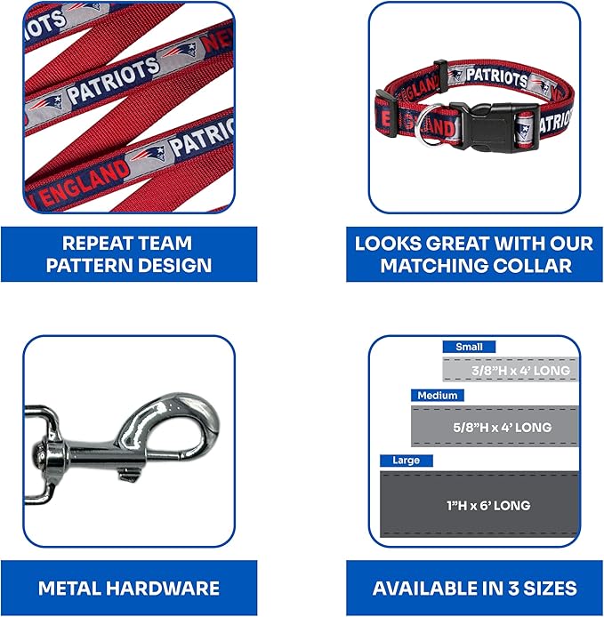 Pets First NFL Licensed New England Patriots Pet Leash, Size Medium – Durable Satin Dog & Cat Walking Strap and Pet Tether with Embroidered Team Name & Logo
