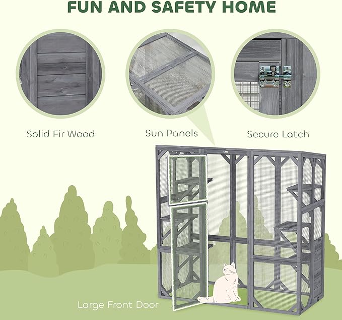 PawHut Catio Outdoor Cat Enclosure, Large Wooden Cat House with 6 Jumping Platforms, Weatherproof Roof, Outdoor Cat Cage Cat Shelter for 1-3 Cats, 59" x 28" x 60", Gray