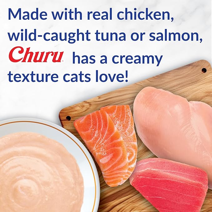 INABA Churu Cat Treats, Grain-Free, Lickable, Squeezable Creamy Purée Cat Treat/Topper with Vitamin E & Taurine, 0.5 Ounces Each, 40 Tubes, Tuna & Seafood Variety Box