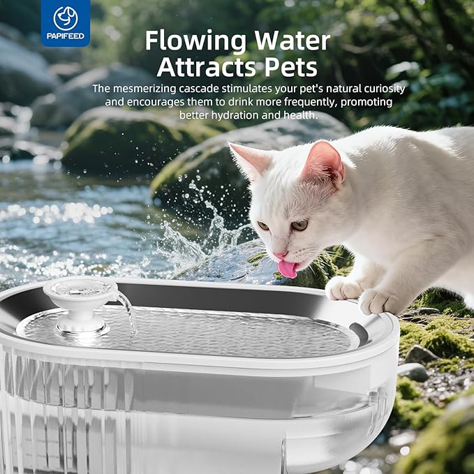 Cat Water Fountain Stainless Steel with a Silicone Mat, 84oz/2.5L Automatic Cat Water Fountain with Water Level Window and LED Light, Quiet Low Power Cat Water Bowl & Cat Water Dispenser(White)