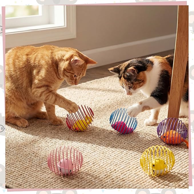 Jecery Cat Spring Balls Toys Stretchable Rolling Balls Colorful Playful Coils Interactive Action Toy Caged Rats for Kitten Pet Supplies (Mouse and Bell,Multicolor,5 Pcs)