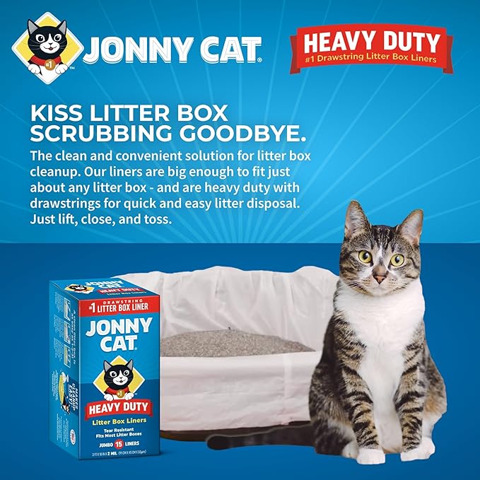 Jonny Cat Litter Box Liners: Heavy Duty - Tear & Leak Resistant - Drawstring Close - Jumbo, 15 Count (Pack of 2)