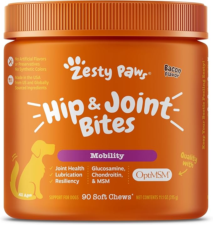 Zesty Paws Hip and Joint for Dogs, Glucosamine for Dogs Hip and Joint Supplement with Chondroitin, MSM, Vitamins C & E - Bacon, 90 Count (Pack of 2)