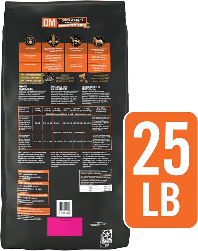 Pro Plan Veterinary Diets Purina OM Select Blend Overweight Management with Chicken Canine Formula Dry Dog Food - 25 lb. Bag