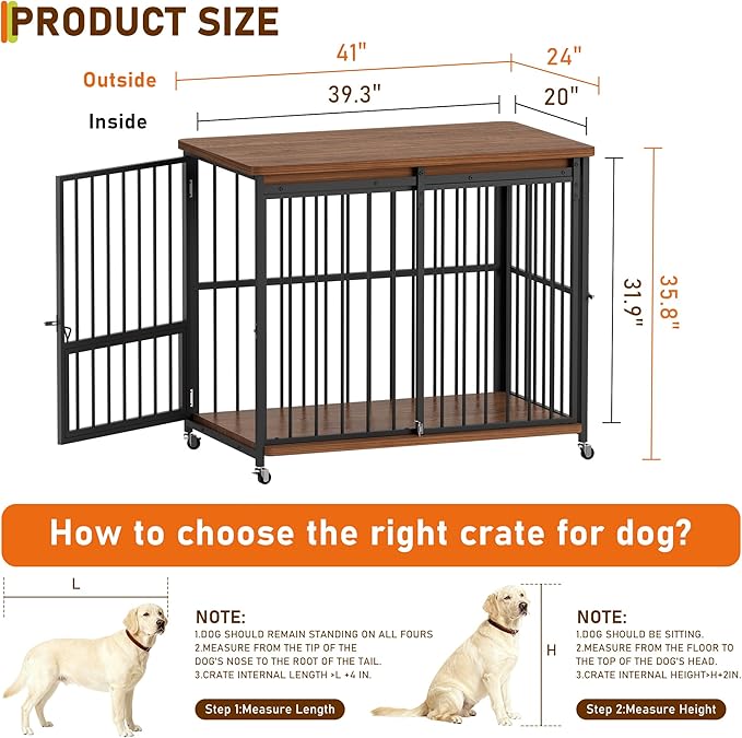 Dog Crate Furniture, 41’’ Wooden Dog Kennel Indoor with Sliding Front Door, Multi-Side Openings & Feeding Window Pet Cage House as TV Stand