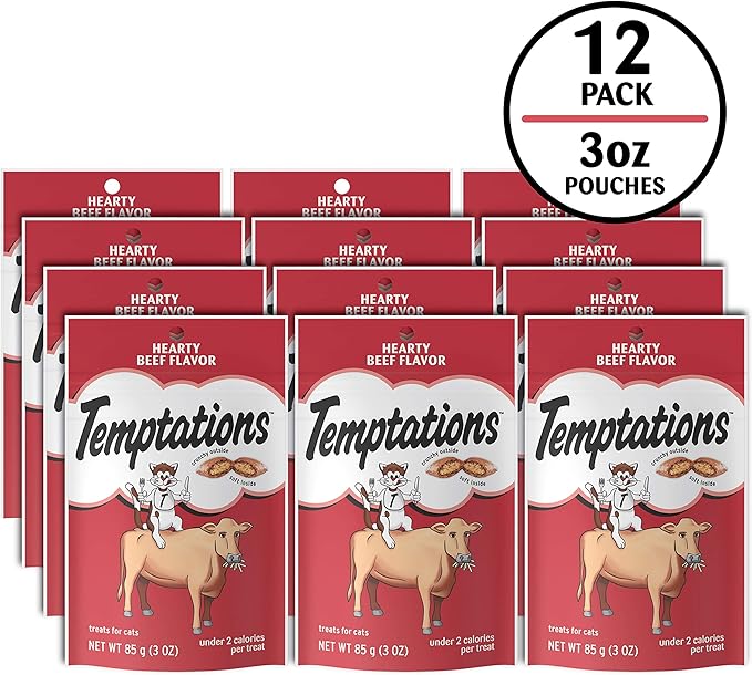 Temptations Classic Soft Cat Treats, Hearty Beef Flavor, Crunchy Cat Treats, 3 oz. Pouch (Pack of 12)