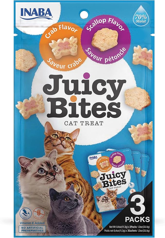 INABA Juicy Bites Grain-Free, Soft, Moist, Chewy Cat Treats with Vitamin E and Green Tea Extract, 0.4 Ounces per Pouch, 3 Pouches Total, Scallop and Crab Flavor