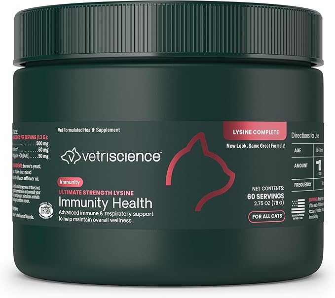 VetriScience Ultimate Strength Lysine Immunity Health Powder for Cats & Kittens, Supplement for Allergy & Nasal Support, Sneezing, Runny Nose & Watery Eyes, Chicken & Cheese Flavor, 60 Count -New Look