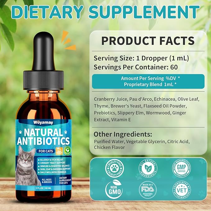 Antibiotics for Cats, Natural Antibiotic for Allergy Relief, Urinary Tract Health, Itch Relief & Digestion Care, Cat Allergy Relief for Cats, Cat Immune Support Supplement, 2 Fl Oz