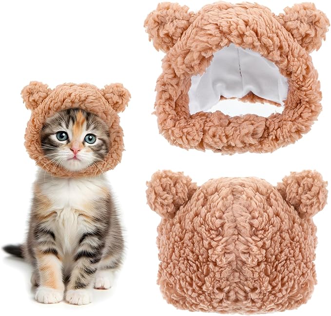 Cute Cat Costume Bear Hat, Adjustable Warm Winter Accessory Soft Plush Pet Headwear for Cats and Small Dogs, Soft Small Pet Headwear for Photoshoots and Parties