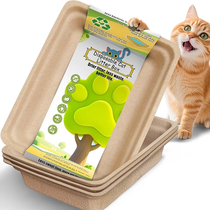 Disposable Litter Boxes for Cats Large: 2/4/6/8-Pack 17.5'' x 13.5'' Leak-Proof Sustainable for Indoor/Travel Use Standalone or as Liner 4-Pack